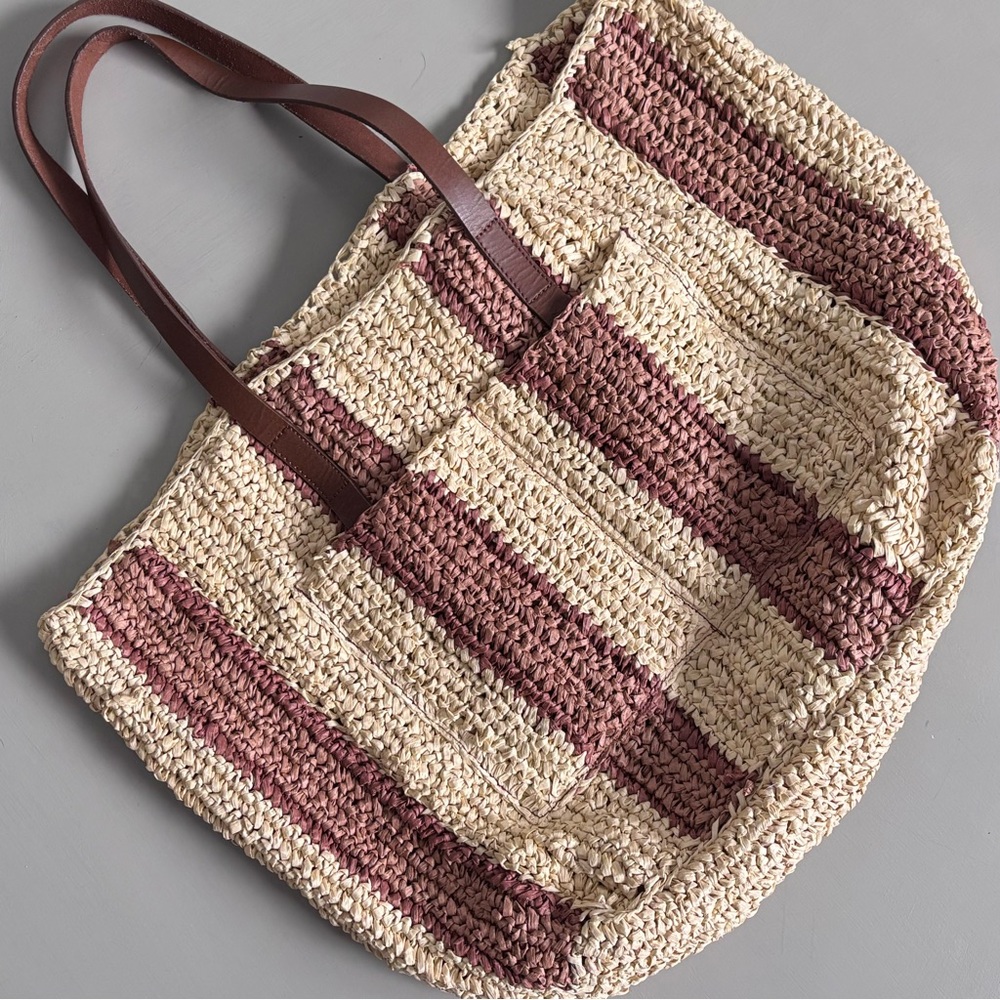 J. JILL Oversized Woven Straw Striped Tote Boho Vibes Leather Handle Market Bag - Picture 3 of 9